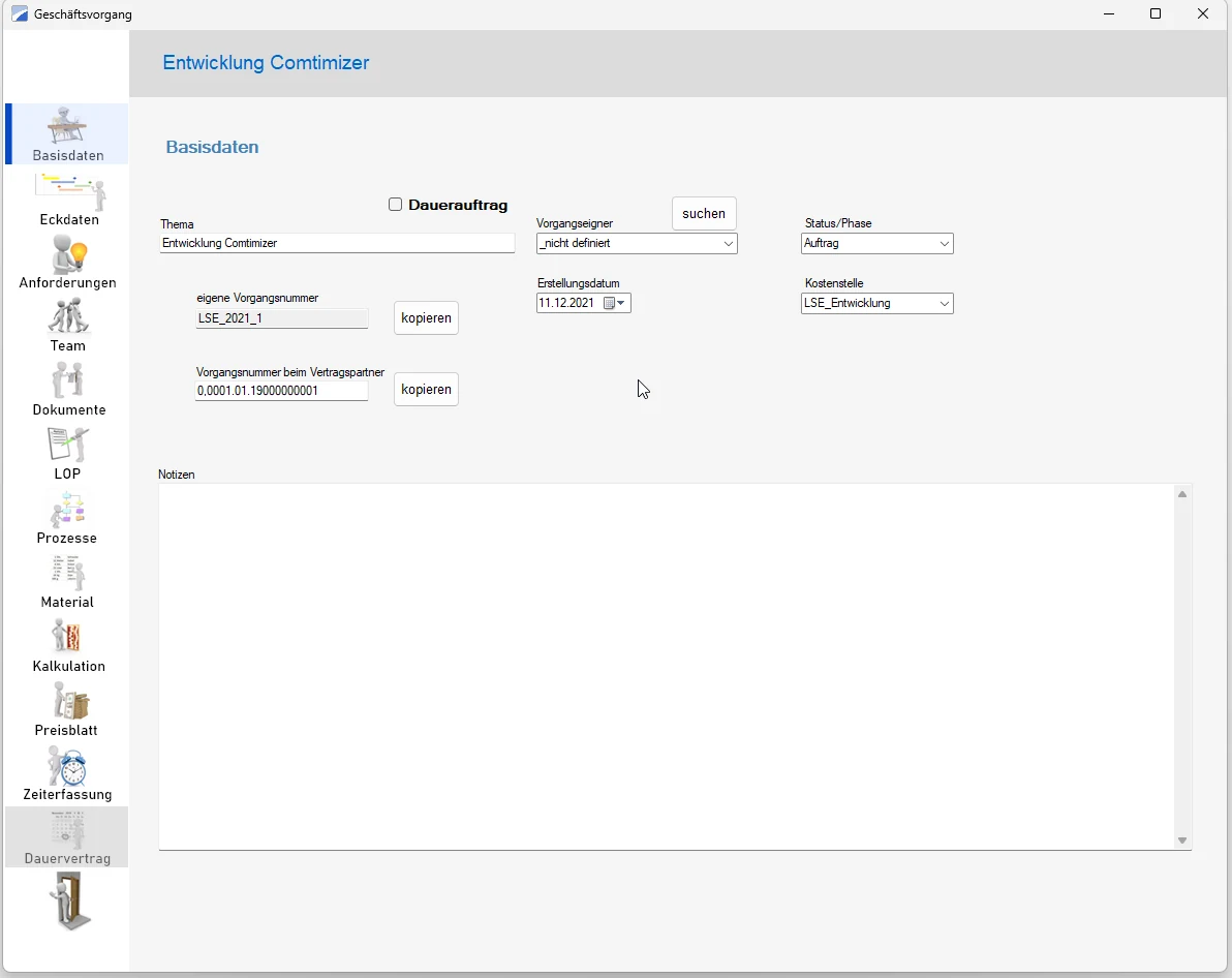 Comtimizer: Geschäftsvorgang mit Basisdaten, Anforderungen, LOP, Kalkulation, Preisblatt und Zeiterfassung